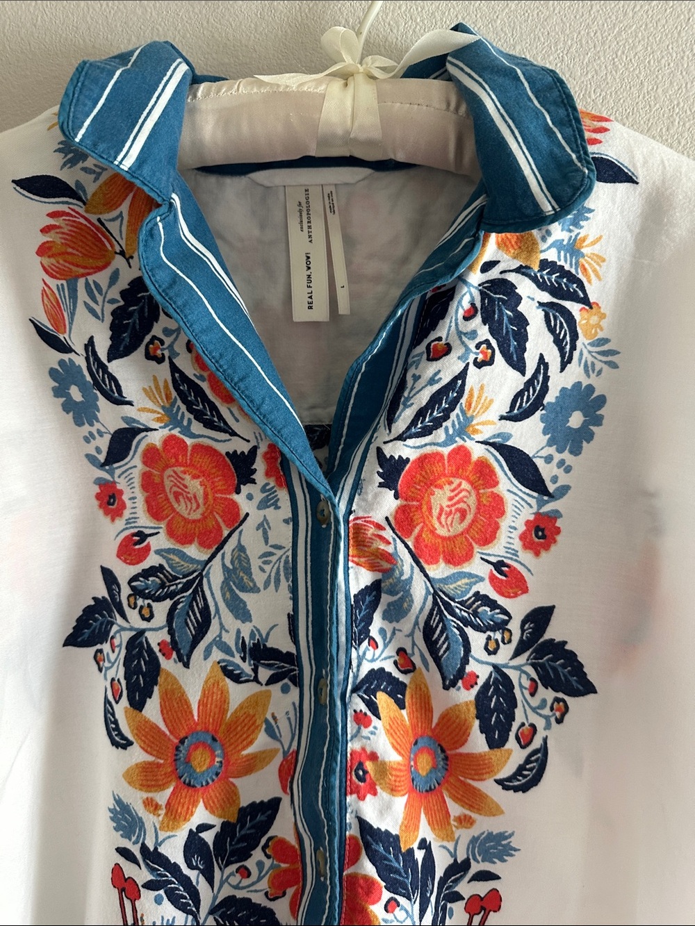 Anthropologie White With Teal Blue And Orange Floral Design Shirt - Picture 8 of 15